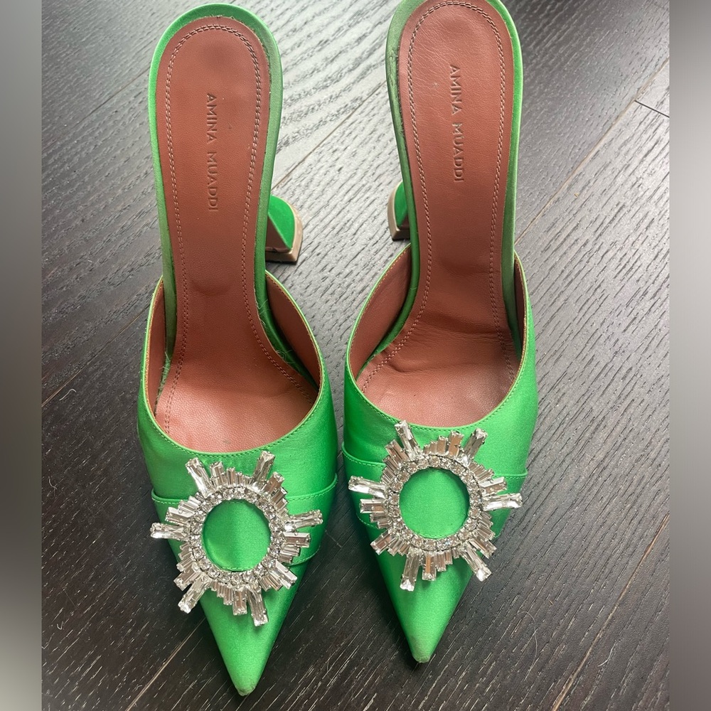 Amina Muaddi Begum Green “Frog” Satin Martini Heels 95mm Sz 38.5